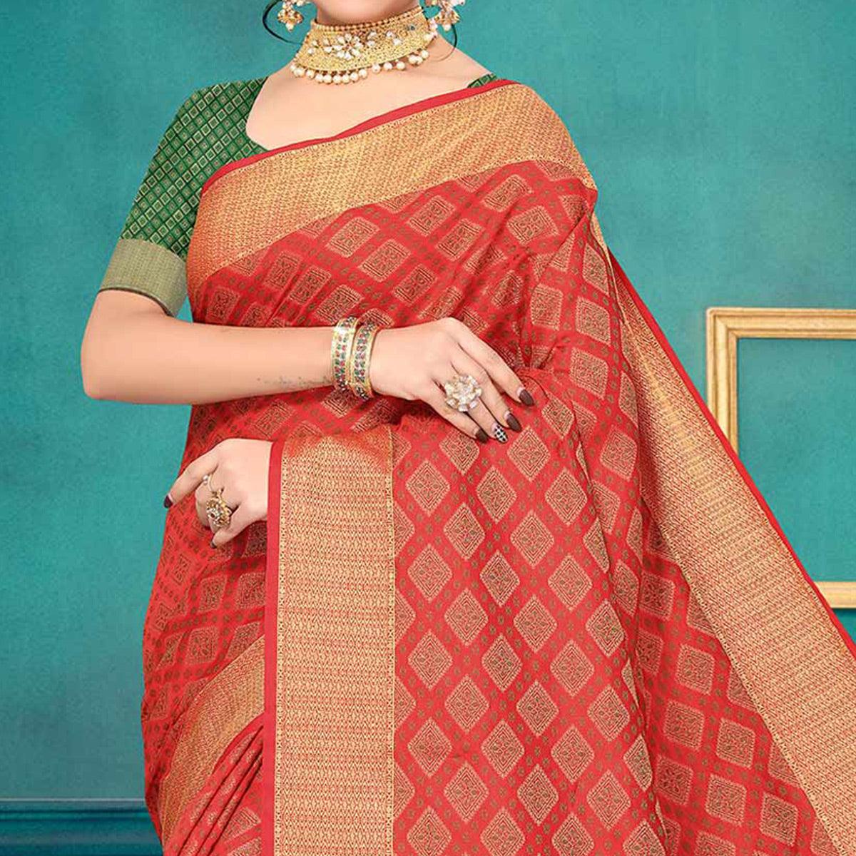 Red Woven Jacquard Saree - Peachmode