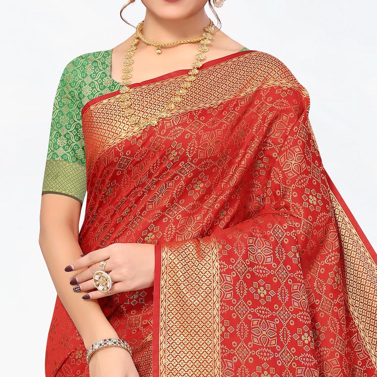 Red Woven Jacquard Saree - Peachmode