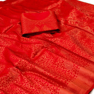 Red Woven Jacquard Saree - Peachmode