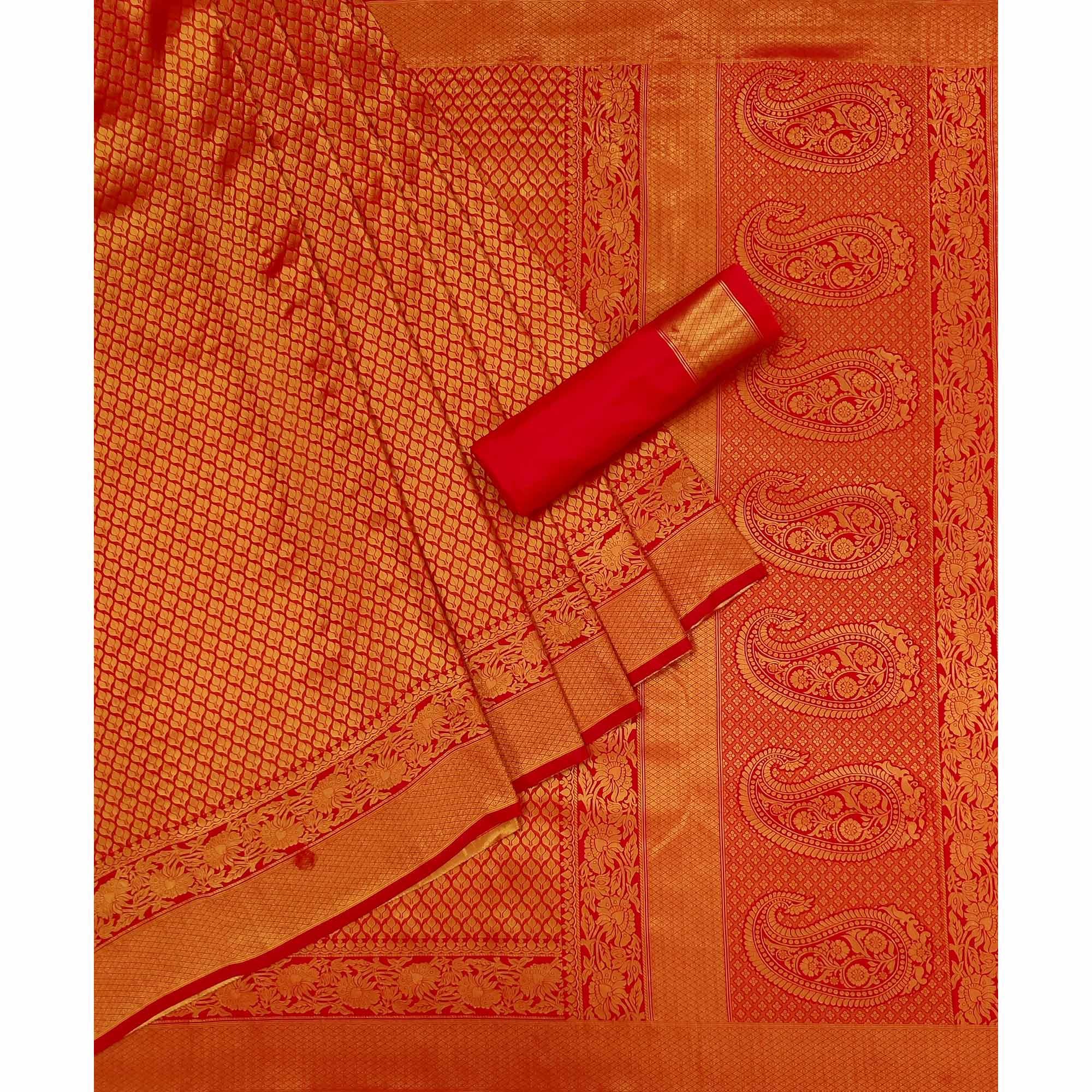 Red Woven Jacquard Saree - Peachmode