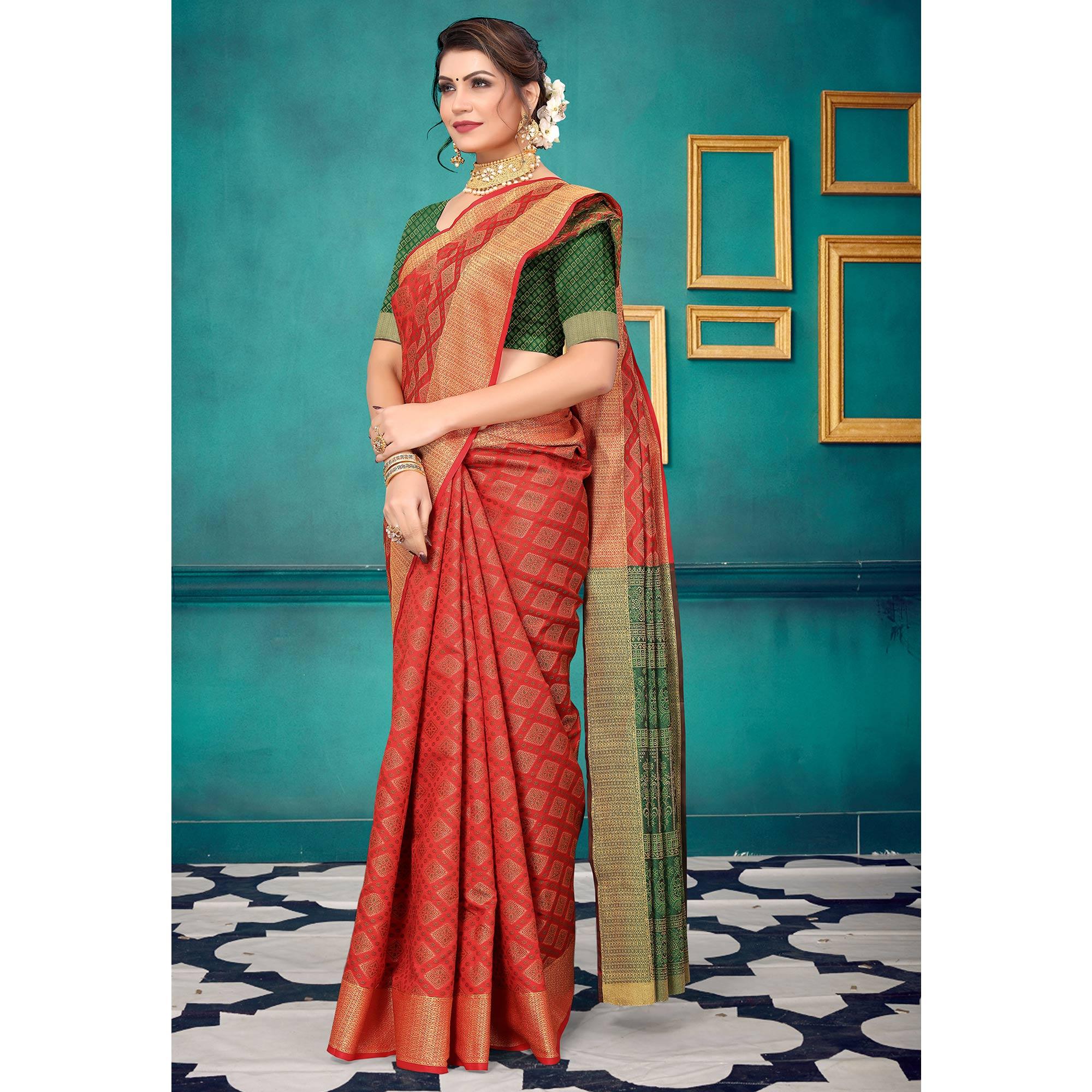 Red Woven Jacquard Saree - Peachmode