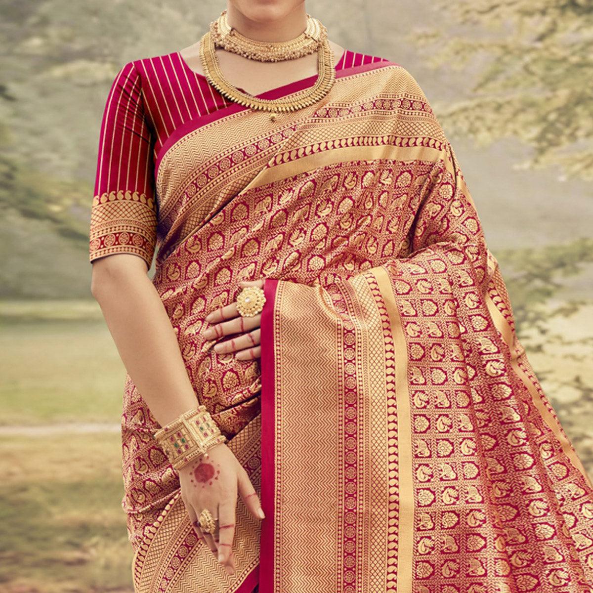 Red Woven Jacquard Saree - Peachmode