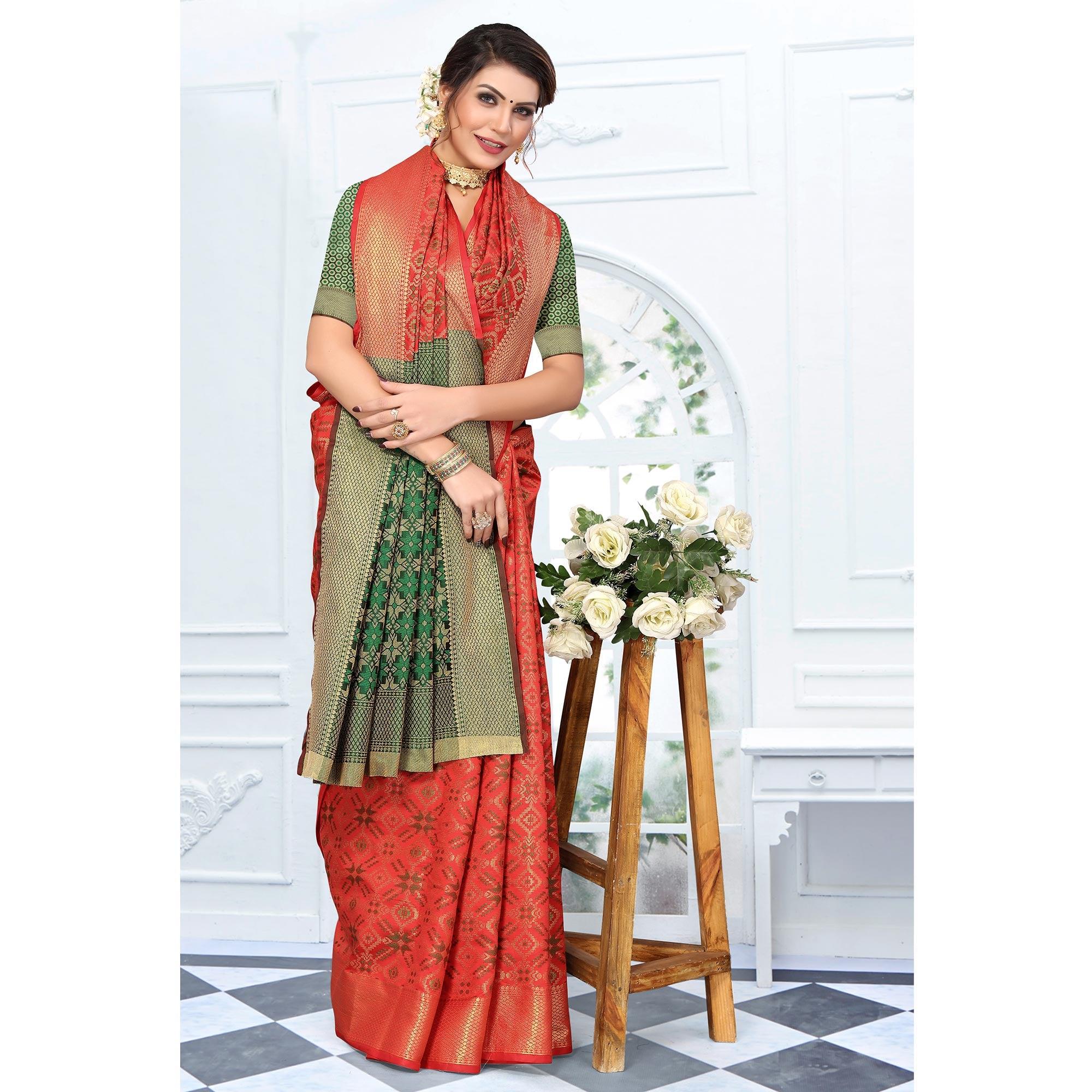 Red Woven Jacquard Saree - Peachmode