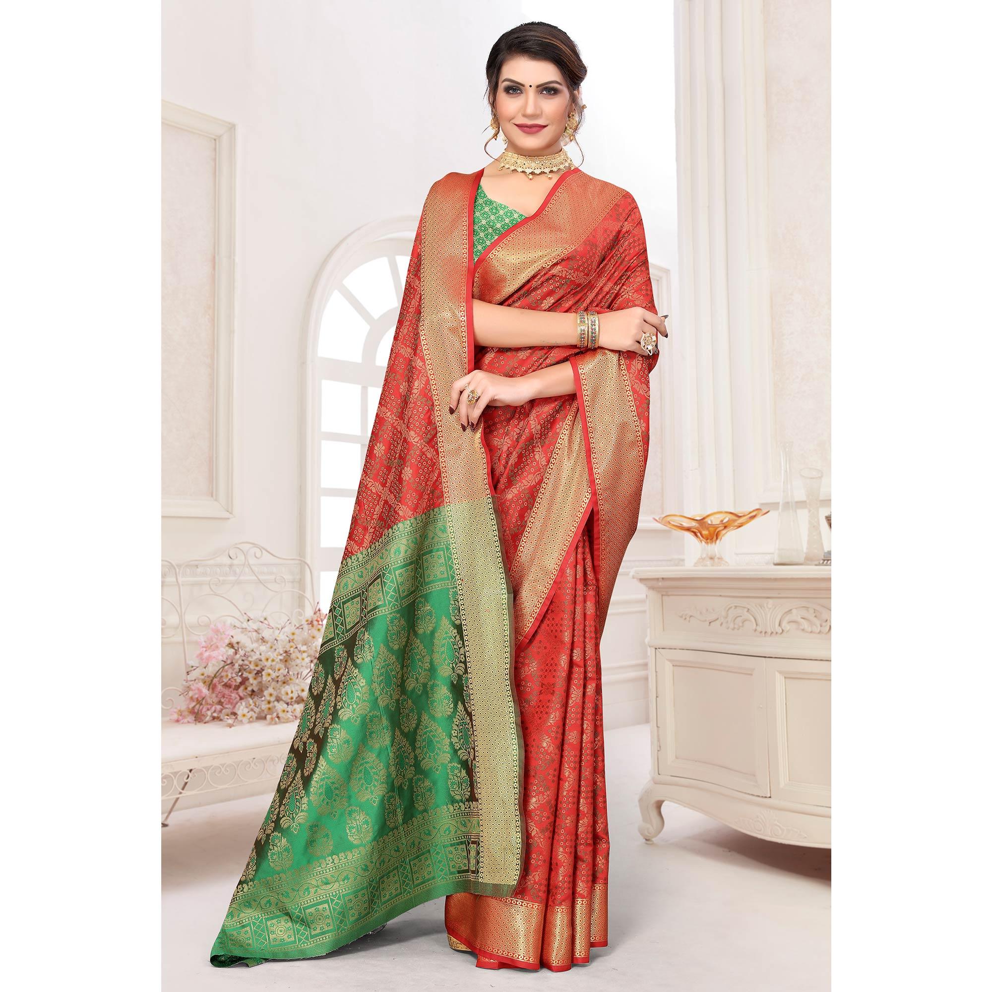 Red Woven Jacquard Saree - Peachmode