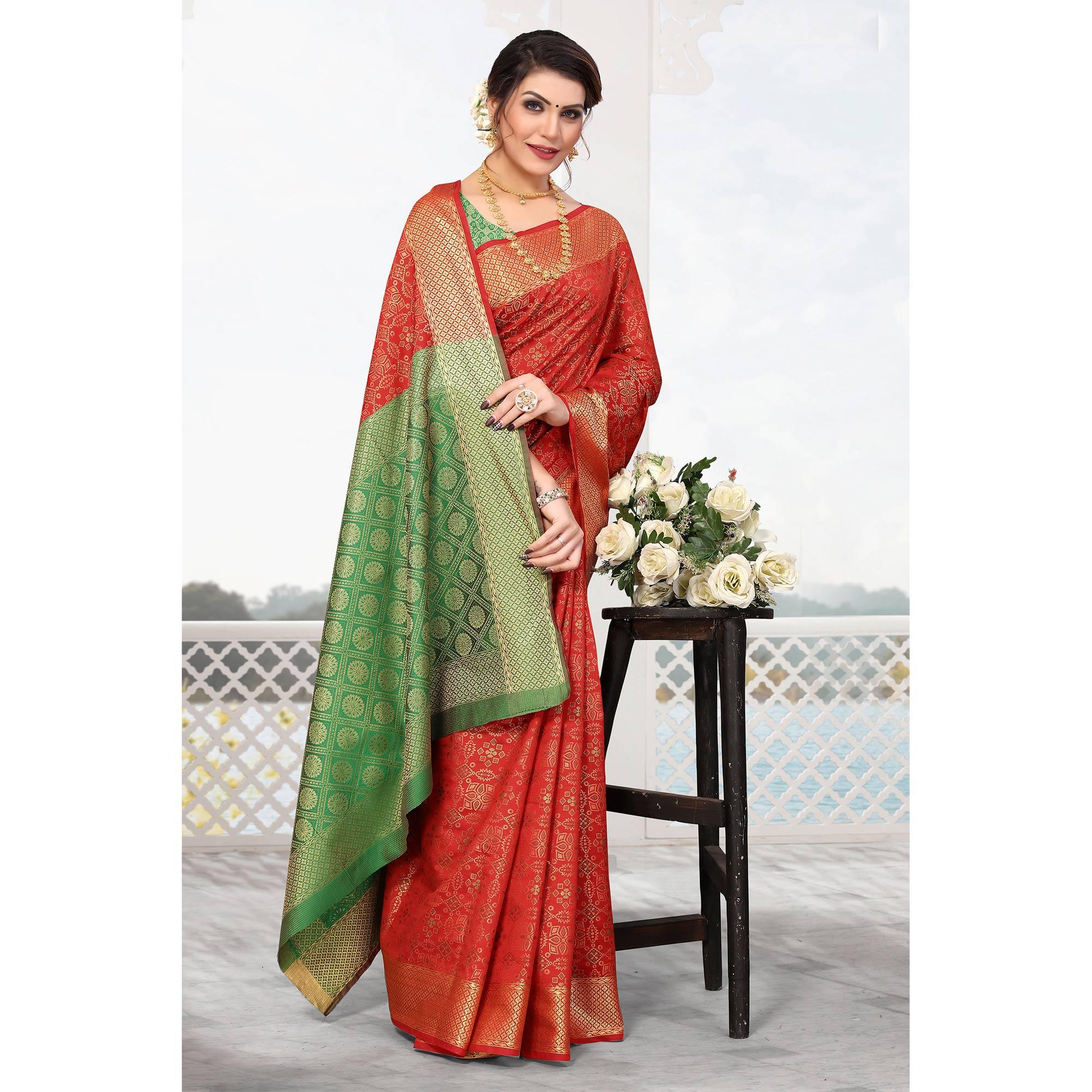 Red Woven Jacquard Saree - Peachmode