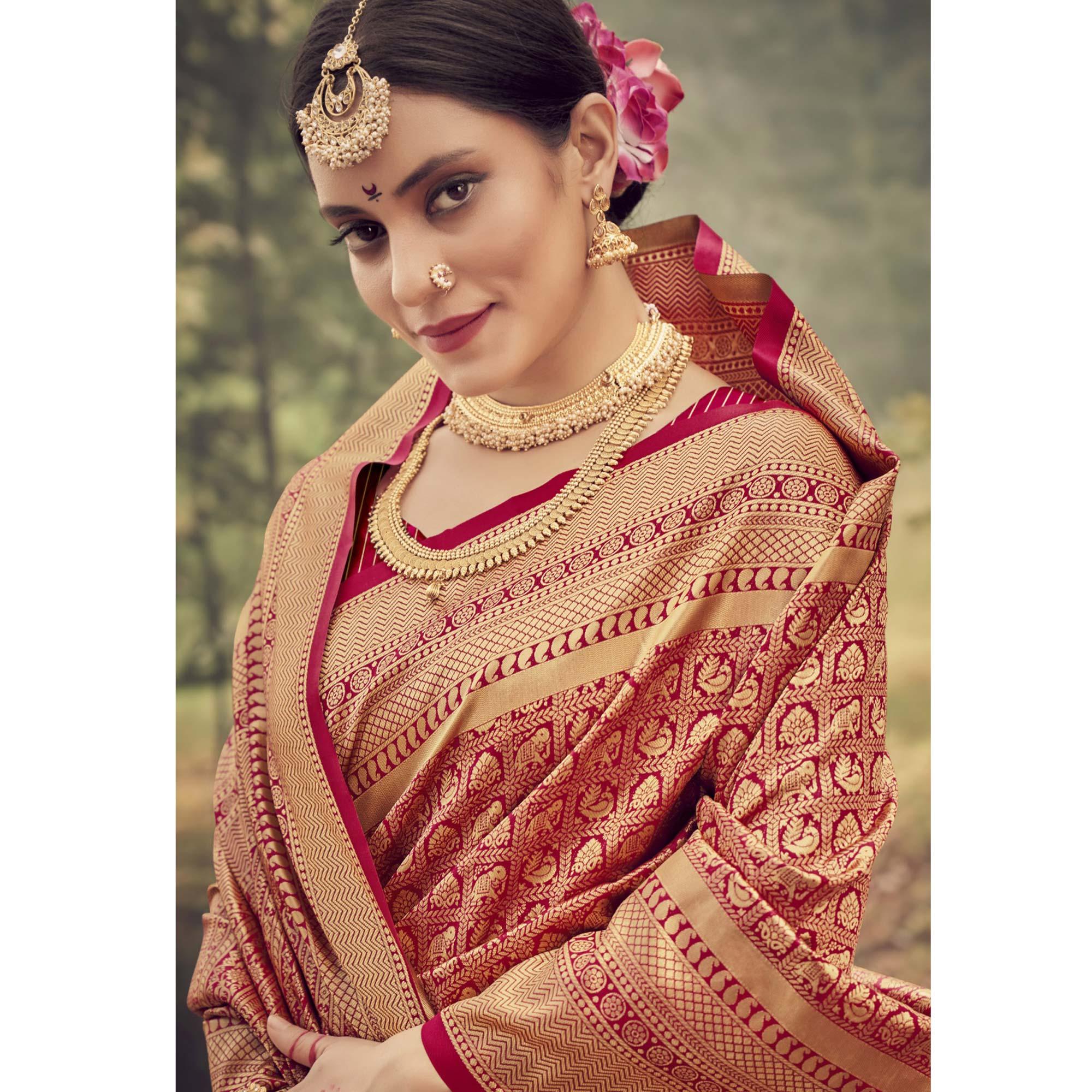 Red Woven Jacquard Saree - Peachmode