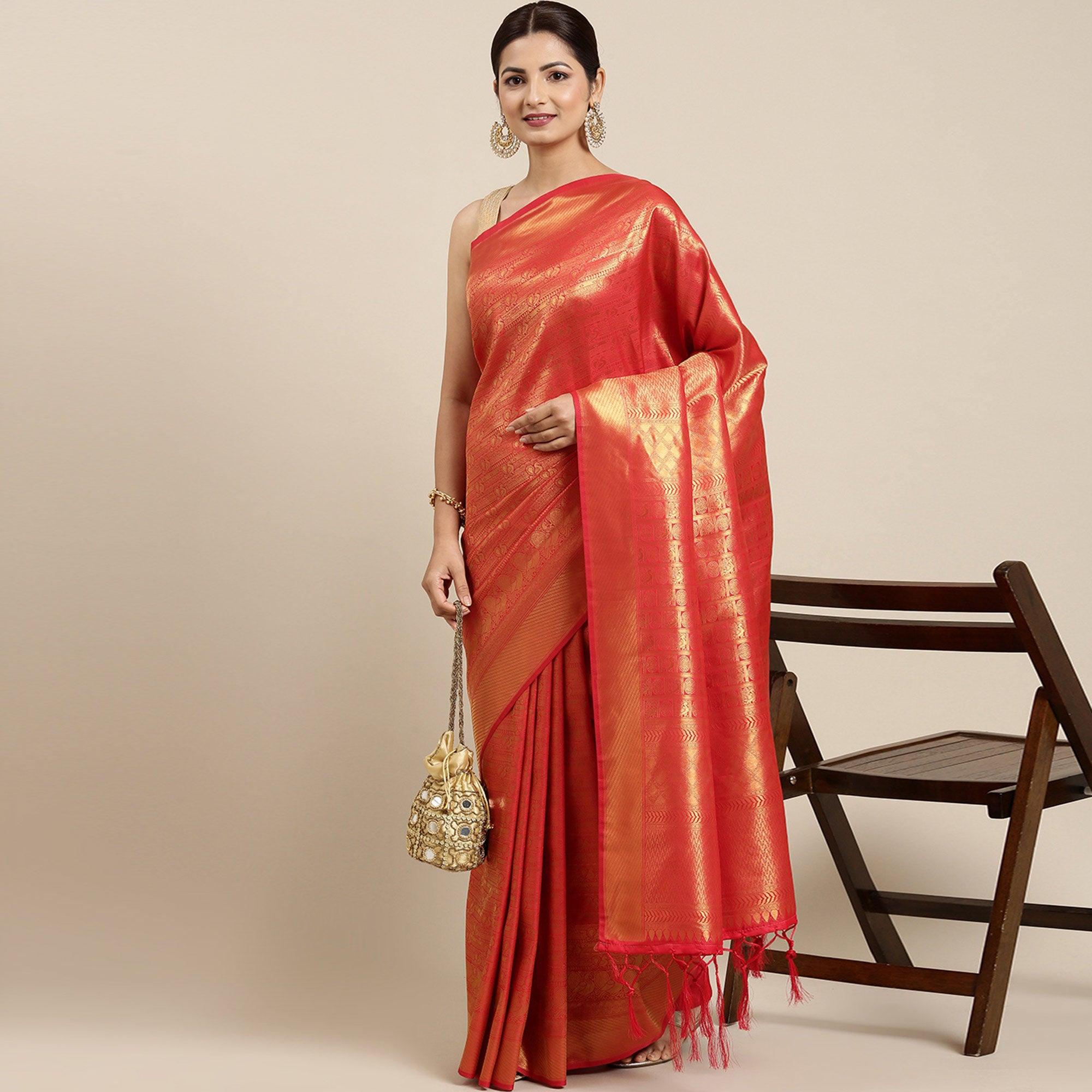 Red Woven Kanjivaram Silk Saree With Tassels - Peachmode