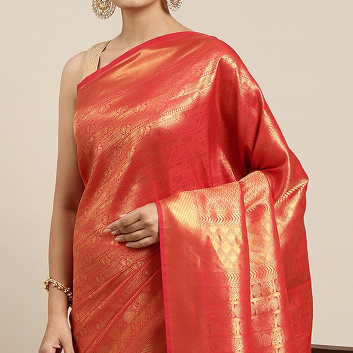 Red Woven Kanjivaram Silk Saree With Tassels - Peachmode