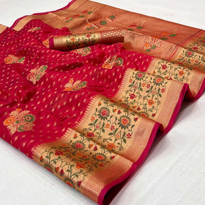 Red Woven Organza Saree - Peachmode