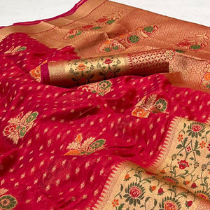 Red Woven Organza Saree - Peachmode