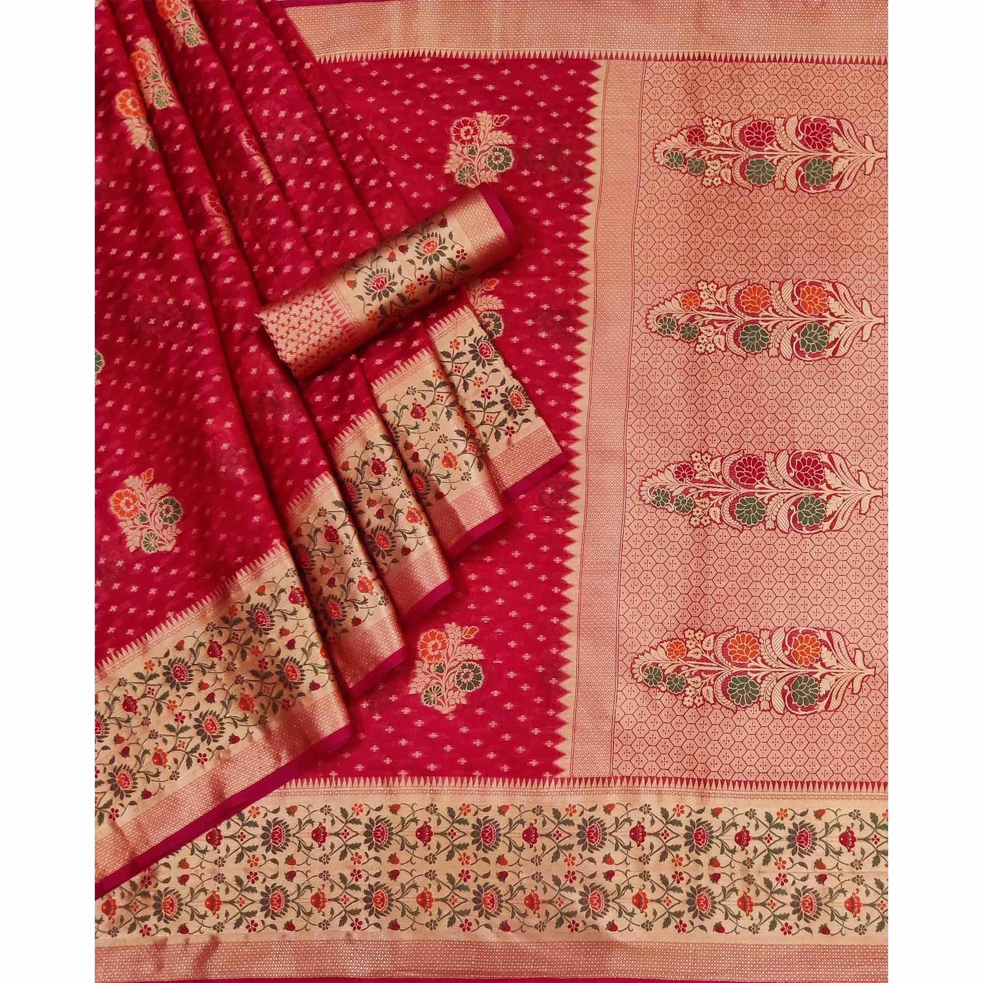 Red Woven Organza Saree - Peachmode