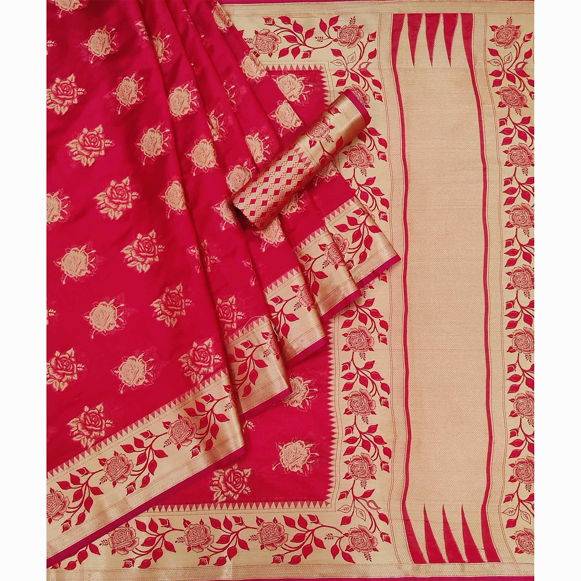 Red Woven Organza Saree - Peachmode