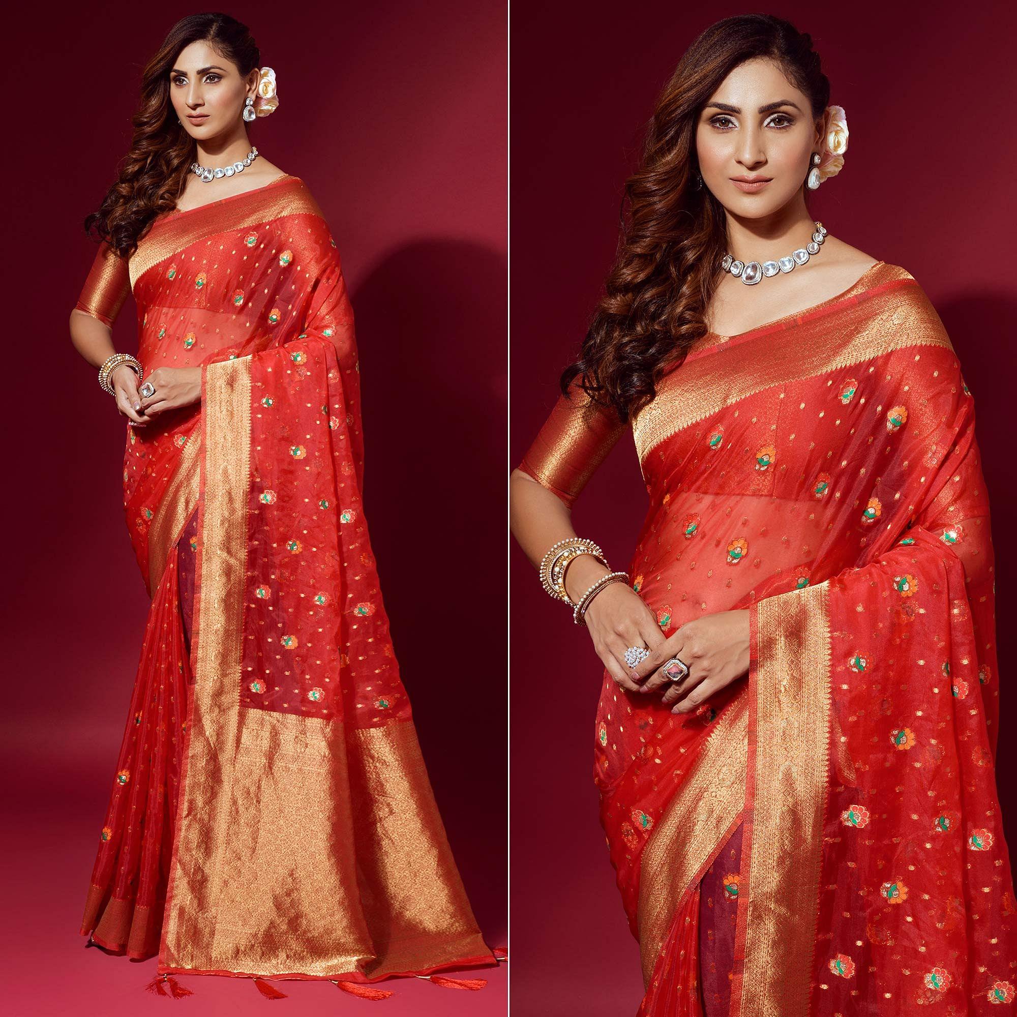 Red Woven Organza Saree With Tassels - Peachmode