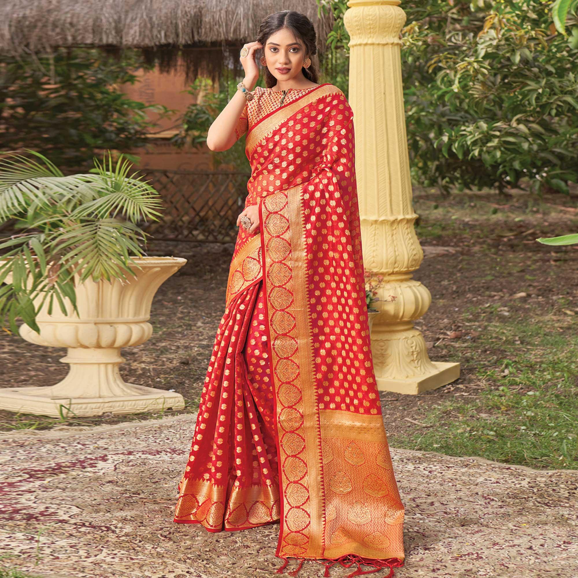 Red Woven Organza Saree with Tassels - Peachmode