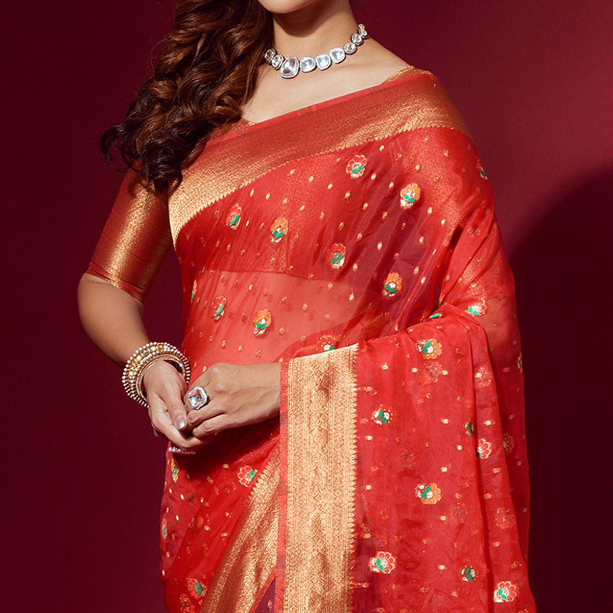 Red Woven Organza Saree With Tassels - Peachmode