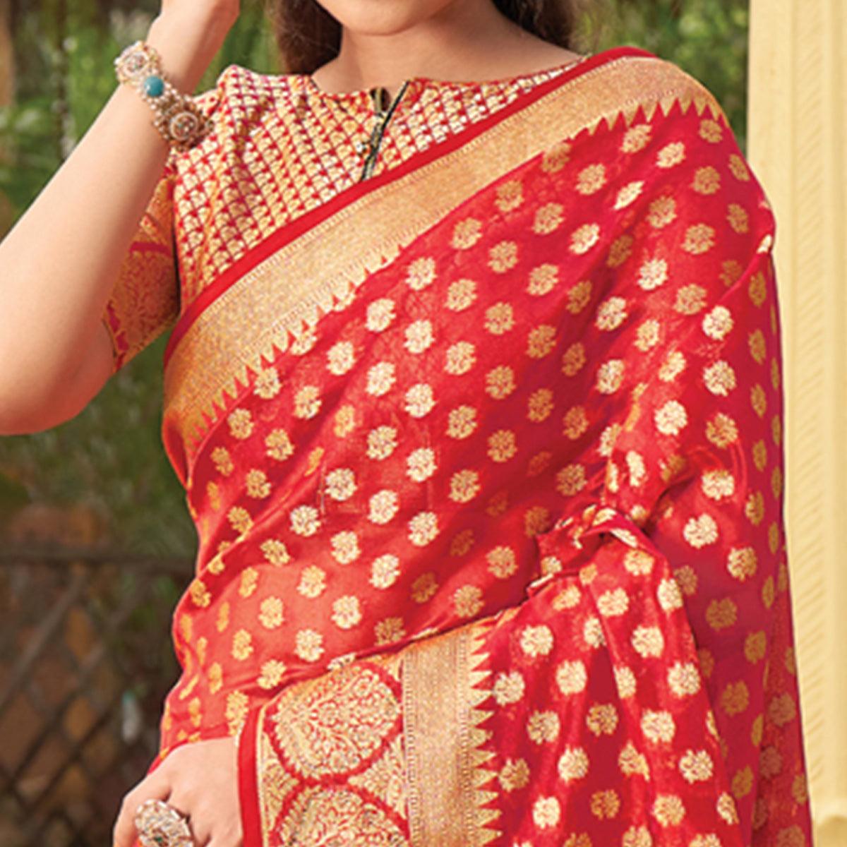 Red Woven Organza Saree with Tassels - Peachmode