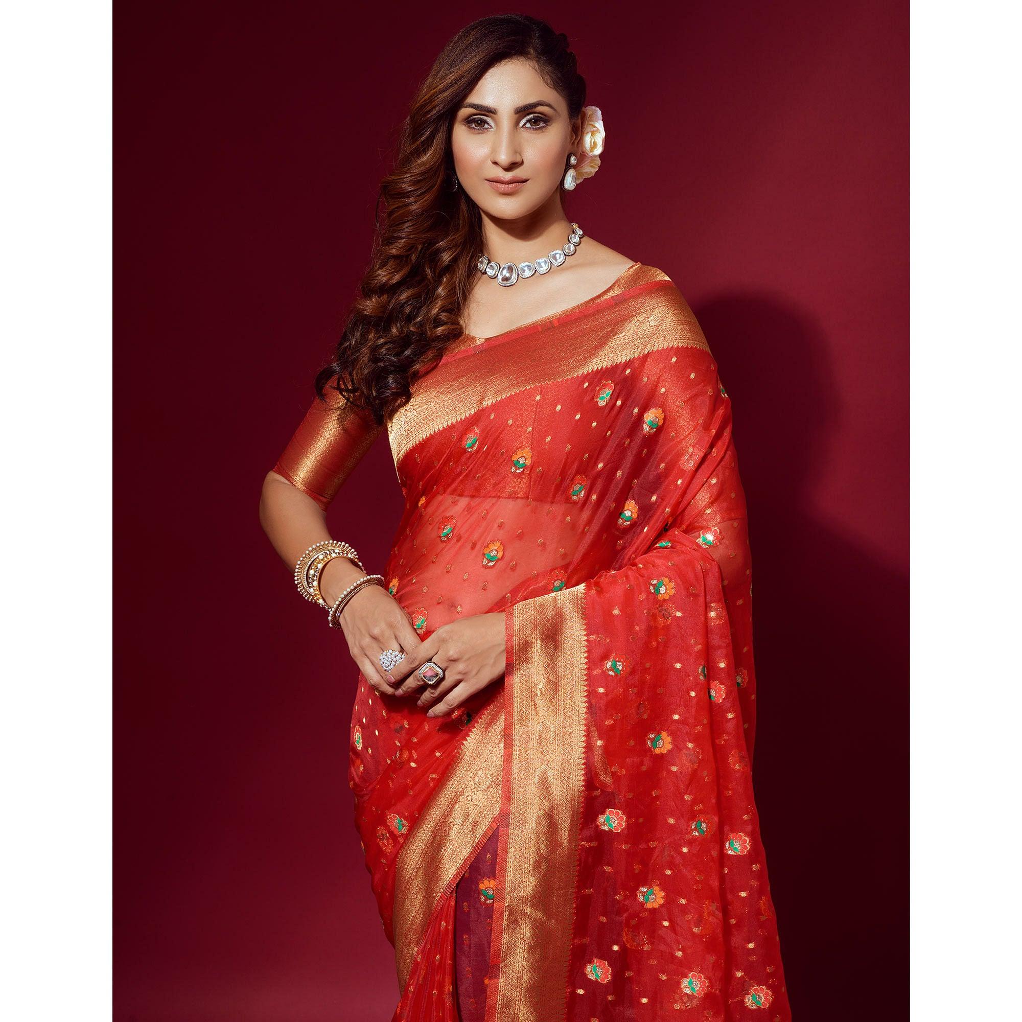 Red Woven Organza Saree With Tassels - Peachmode