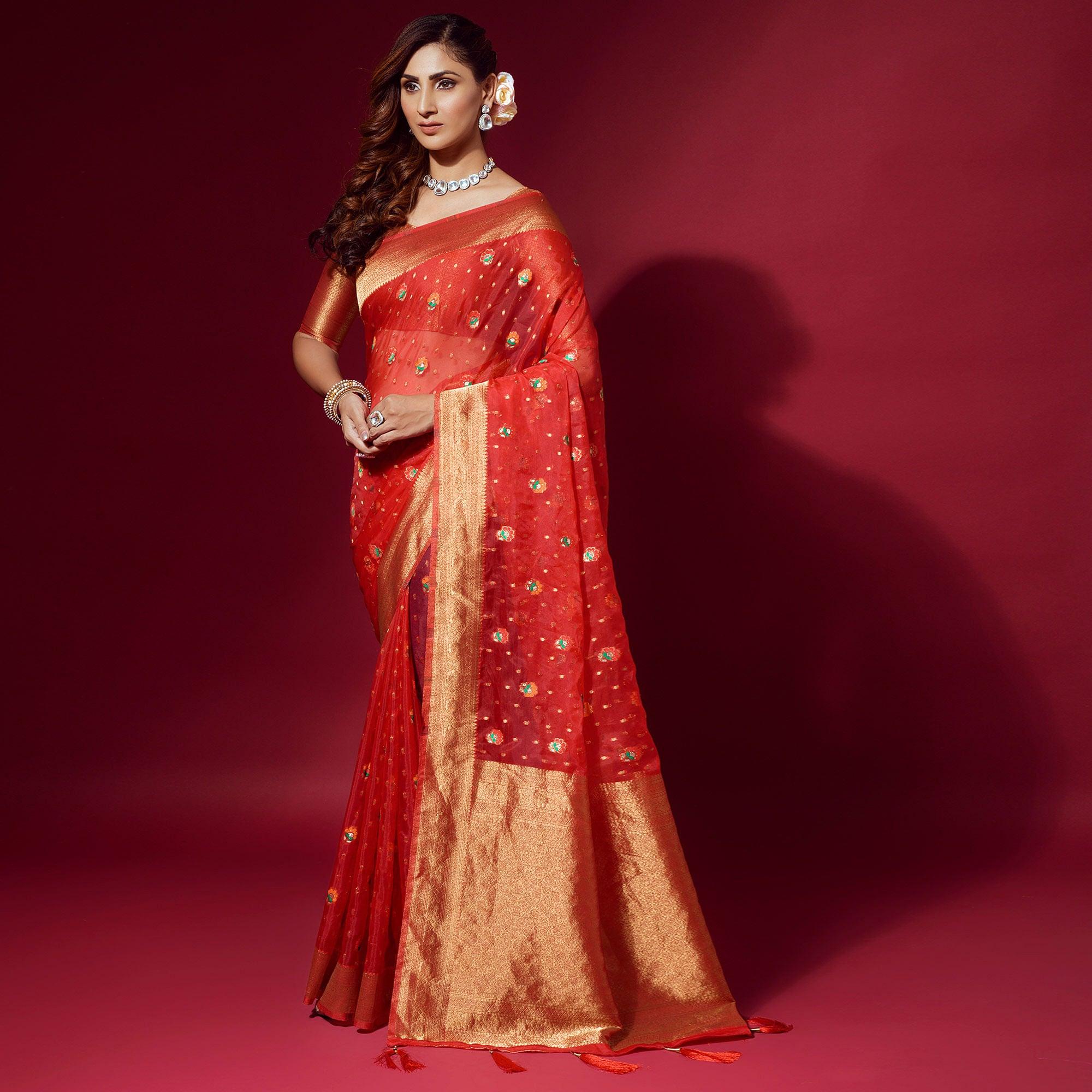 Red Woven Organza Saree With Tassels - Peachmode