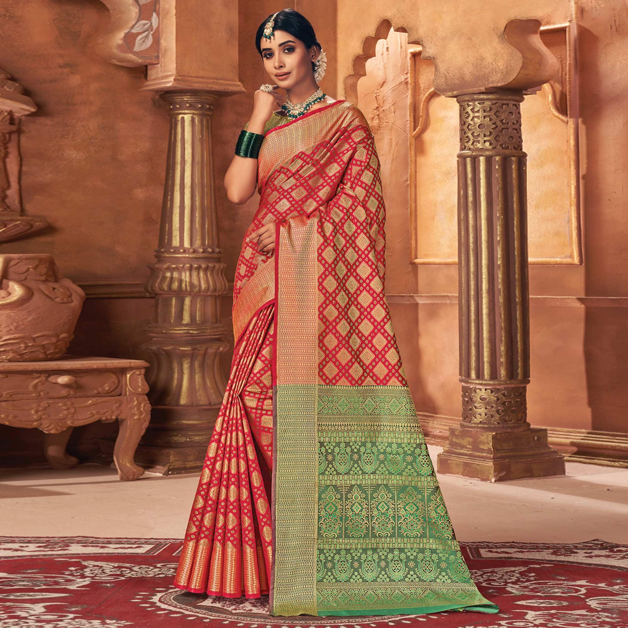 Red Woven Patola Art Silk Saree - Peachmode