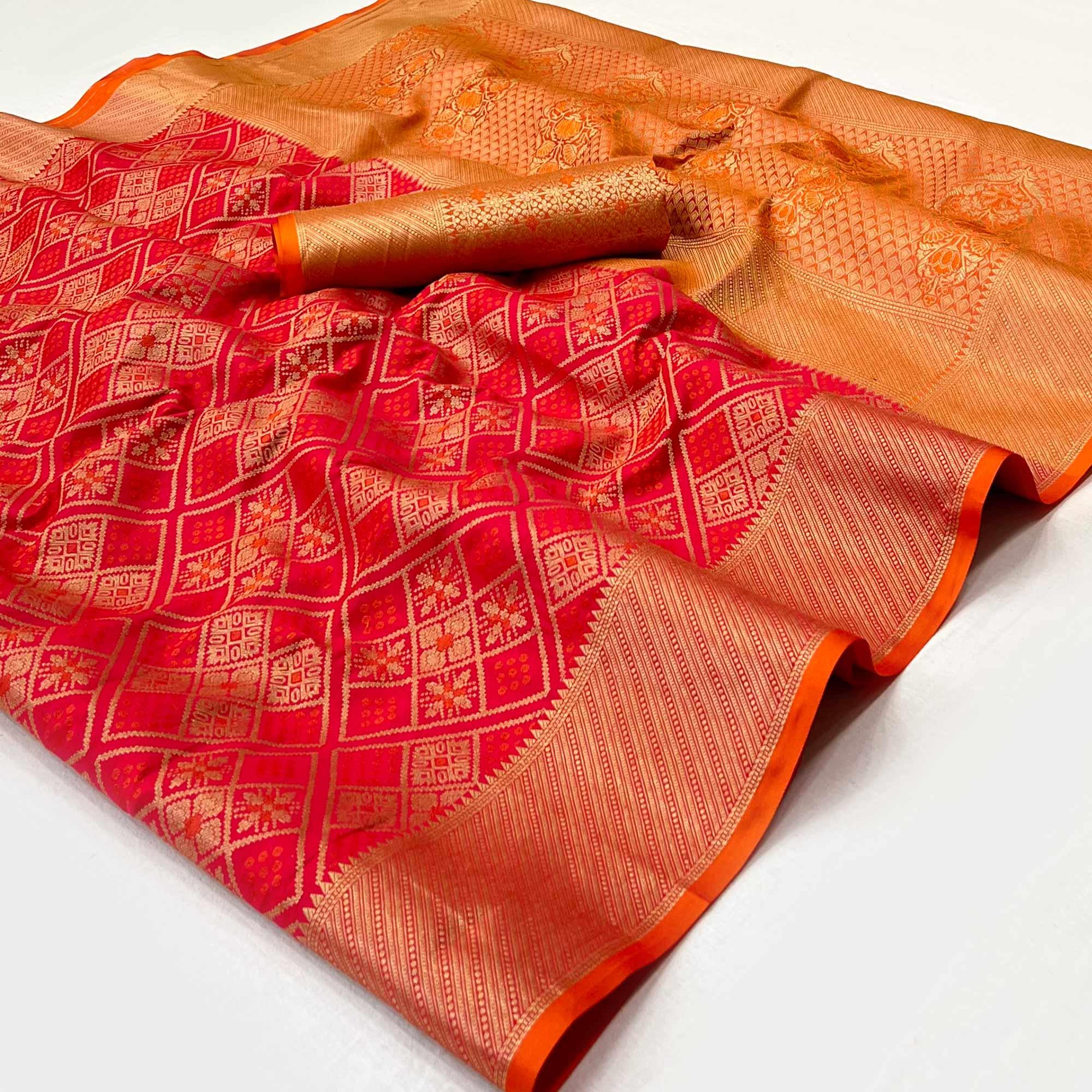 Red Woven Patola Art Silk Saree - Peachmode