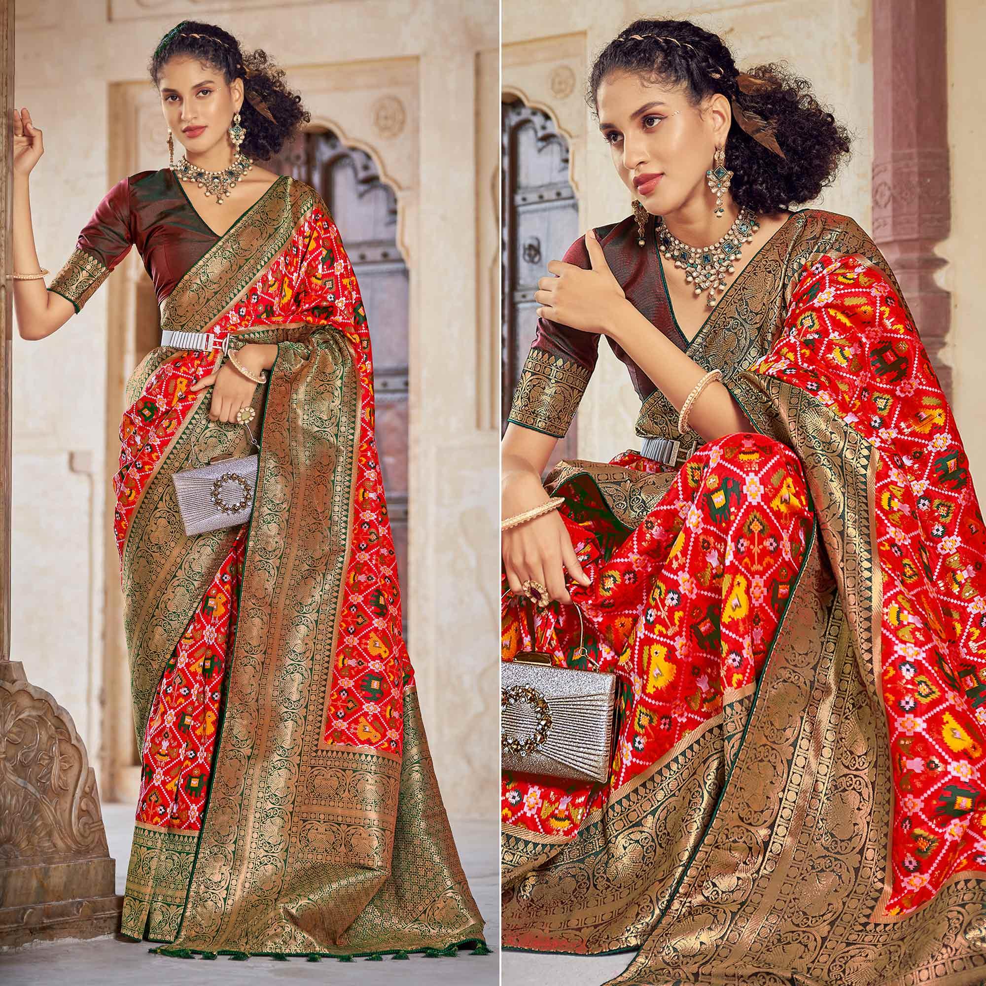 Red Woven Patola Art Silk Saree - Peachmode