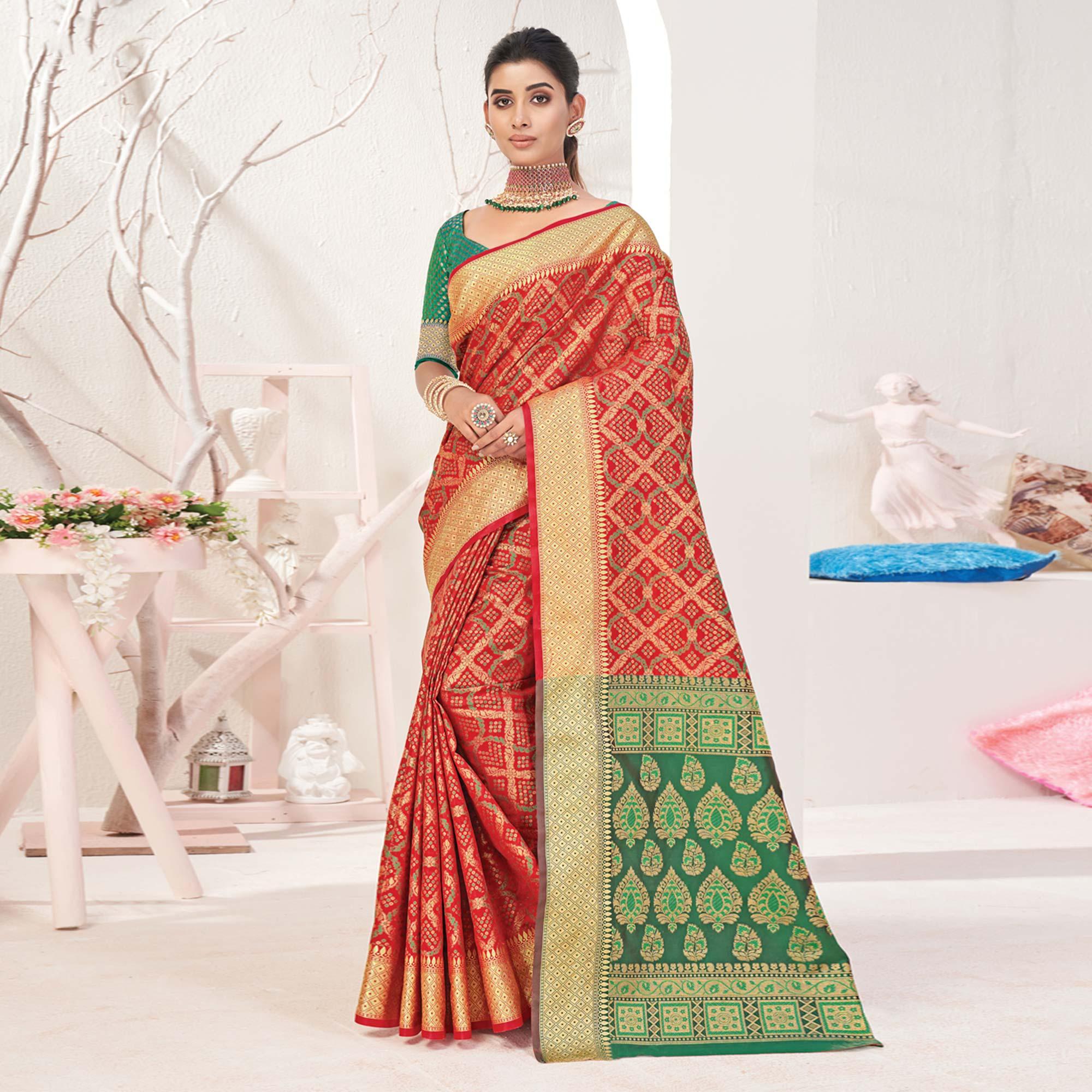 Red Woven Patola Art Silk Saree - Peachmode