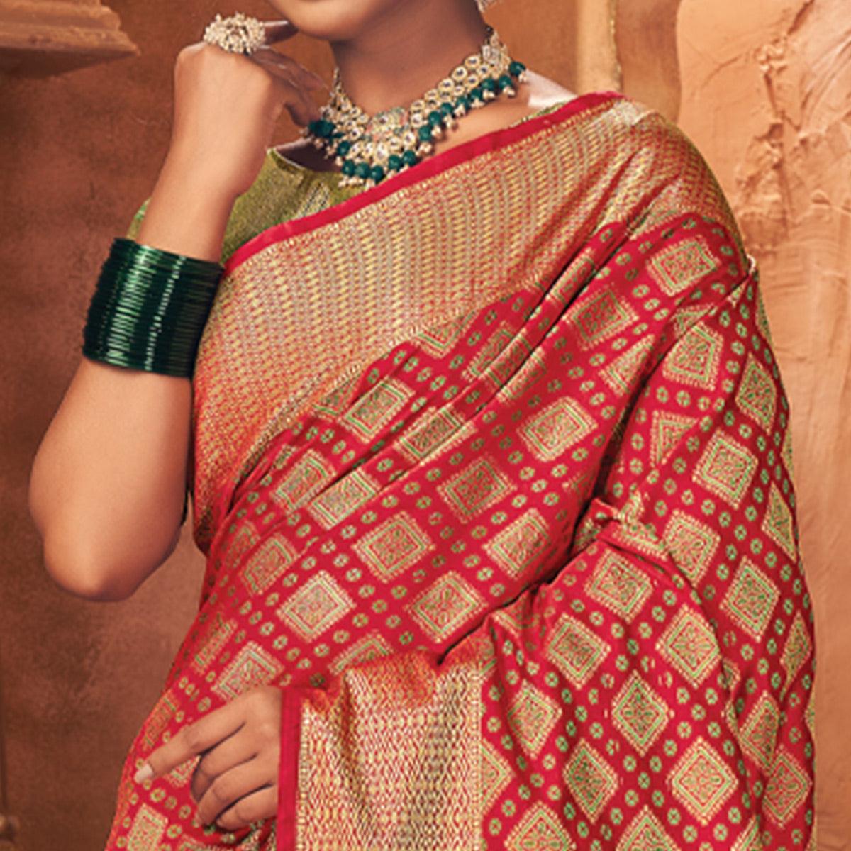 Red Woven Patola Art Silk Saree - Peachmode