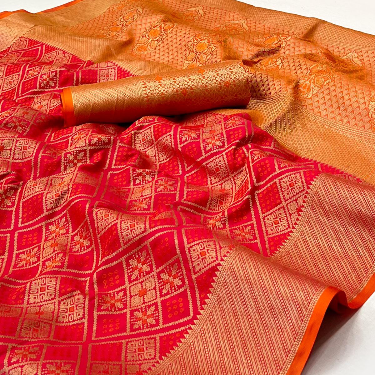 Red Woven Patola Art Silk Saree - Peachmode