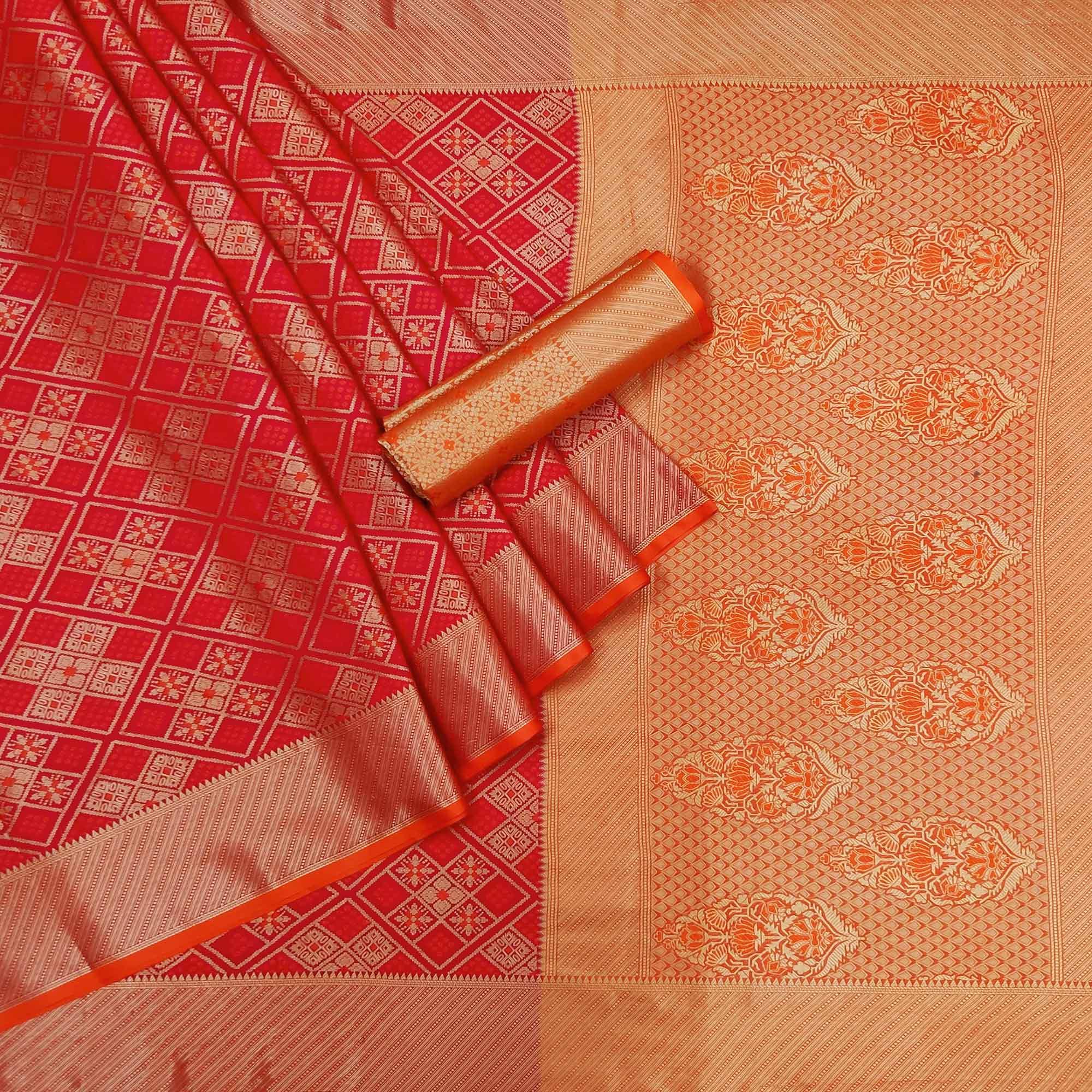 Red Woven Patola Art Silk Saree - Peachmode