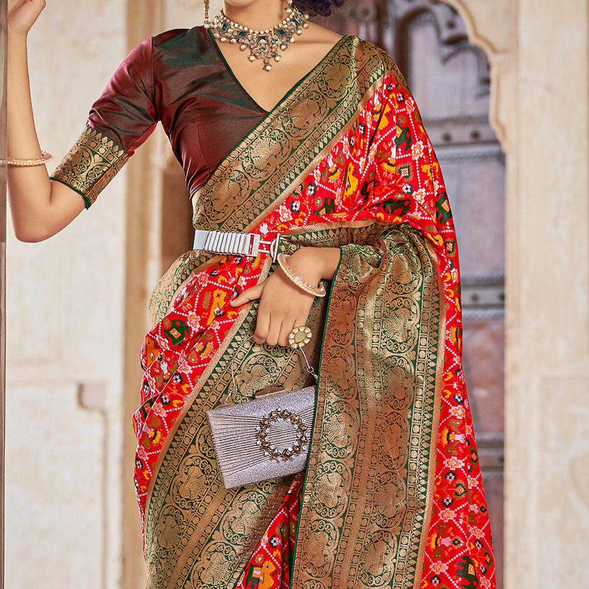 Red Woven Patola Art Silk Saree - Peachmode