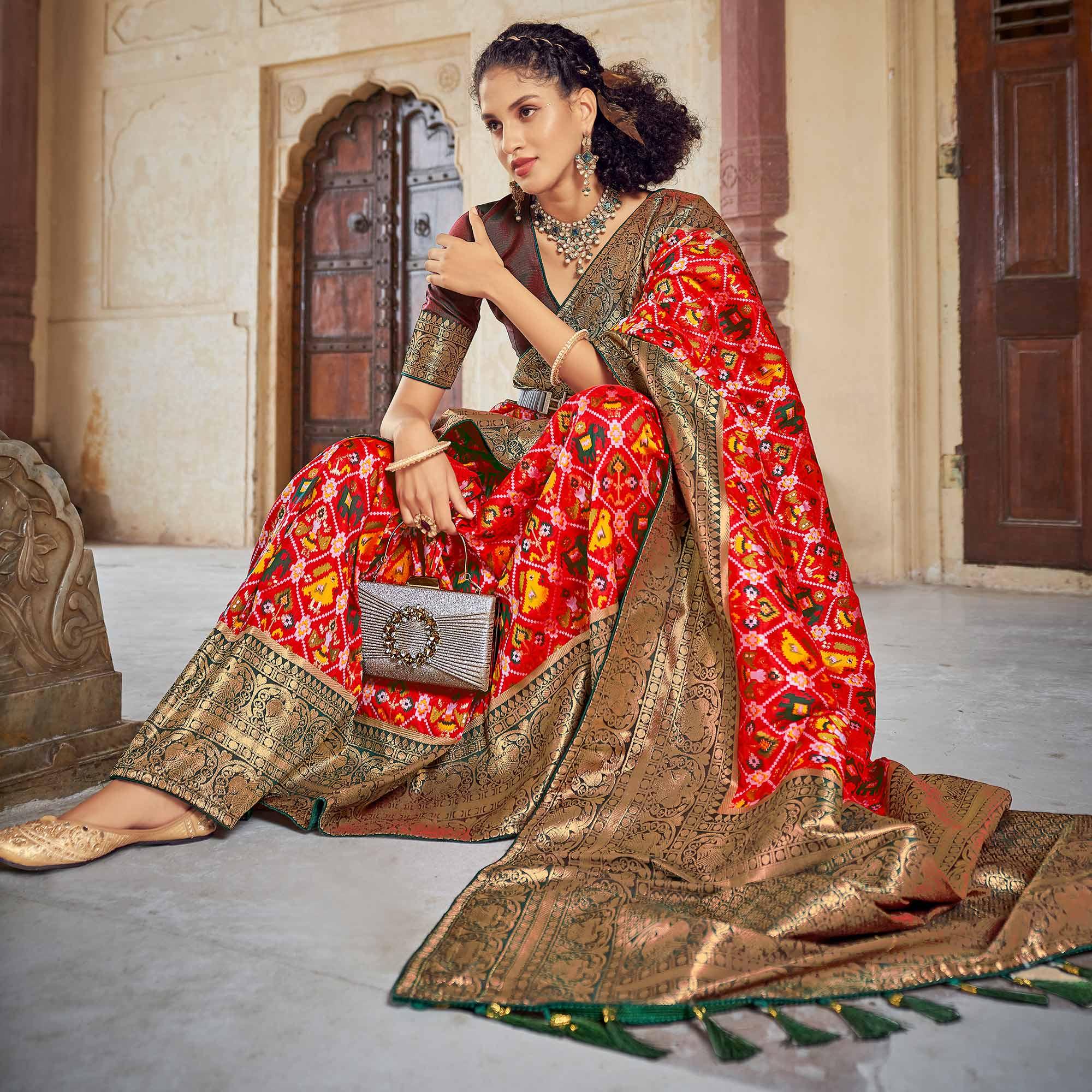 Red Woven Patola Art Silk Saree - Peachmode