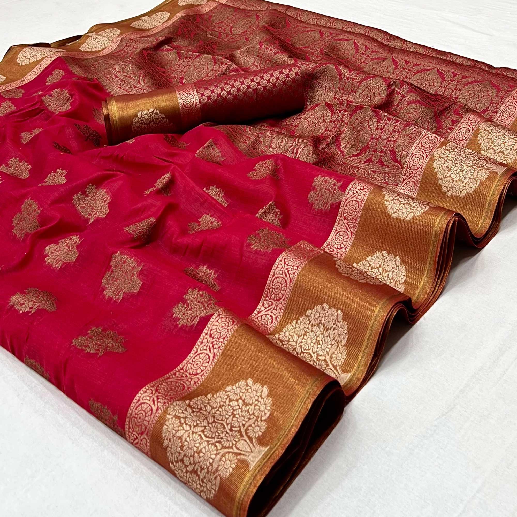 Red Woven Poly Cotton Saree - Peachmode