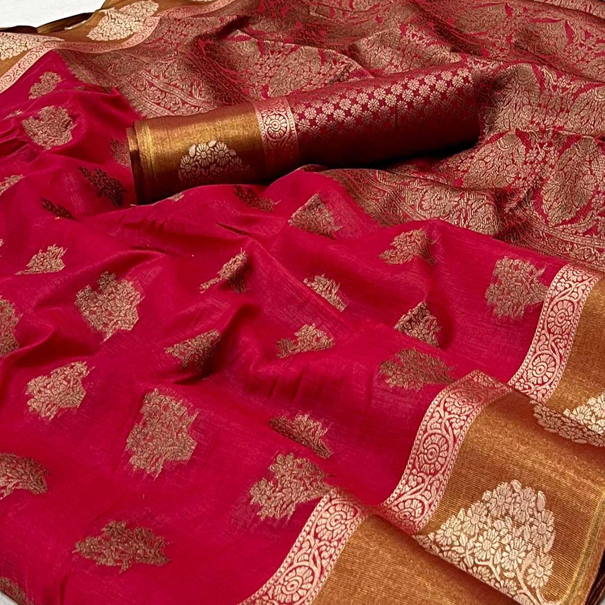 Red Woven Poly Cotton Saree - Peachmode