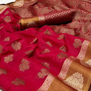Red Woven Poly Cotton Saree - Peachmode