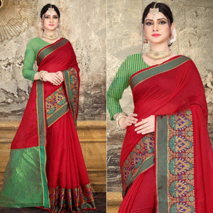 Red Woven Pure Cotton Saree - Peachmode