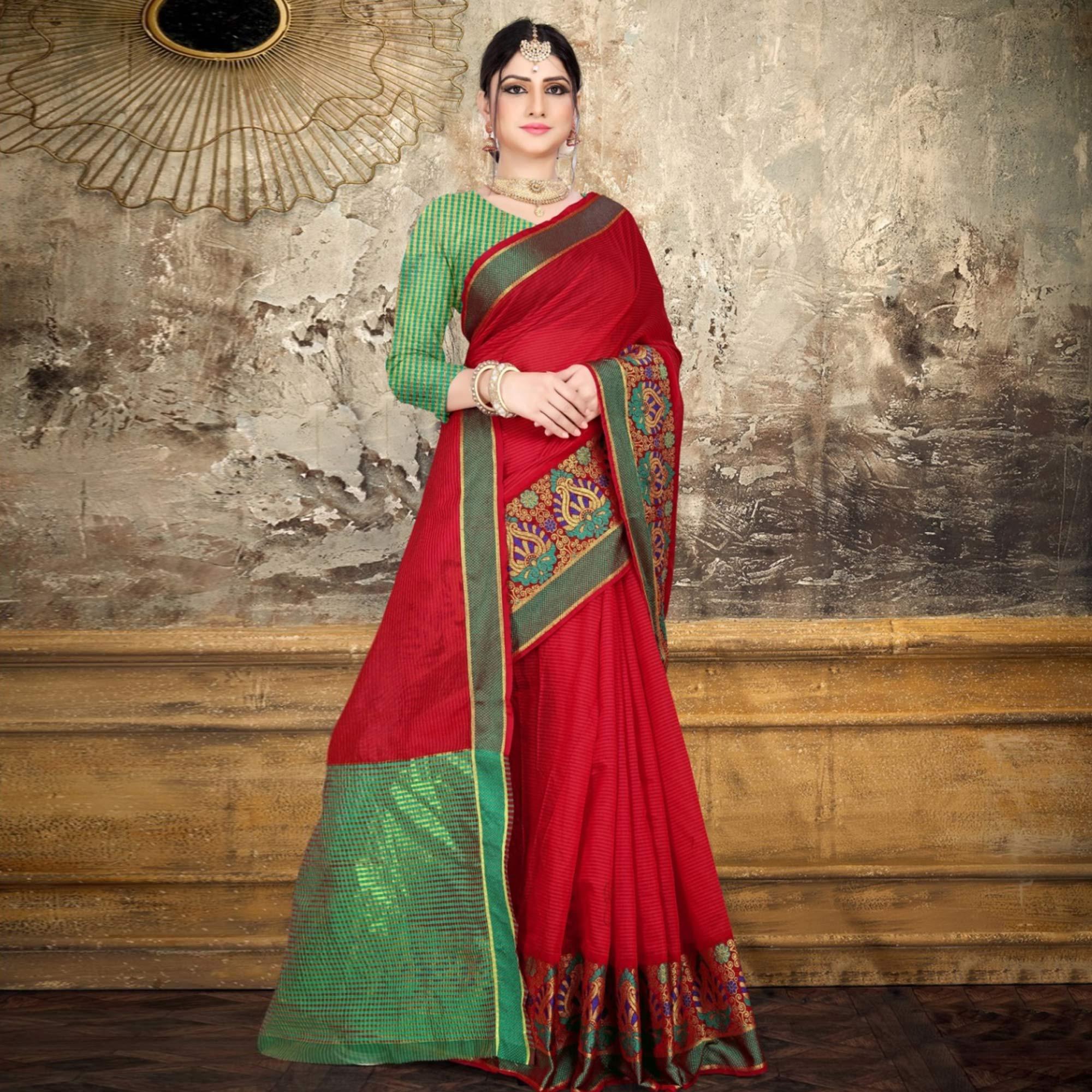 Red Woven Pure Cotton Saree - Peachmode