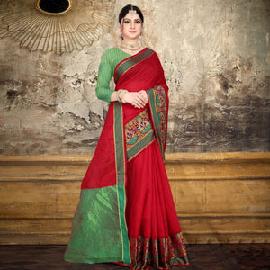 Red Woven Pure Cotton Saree - Peachmode