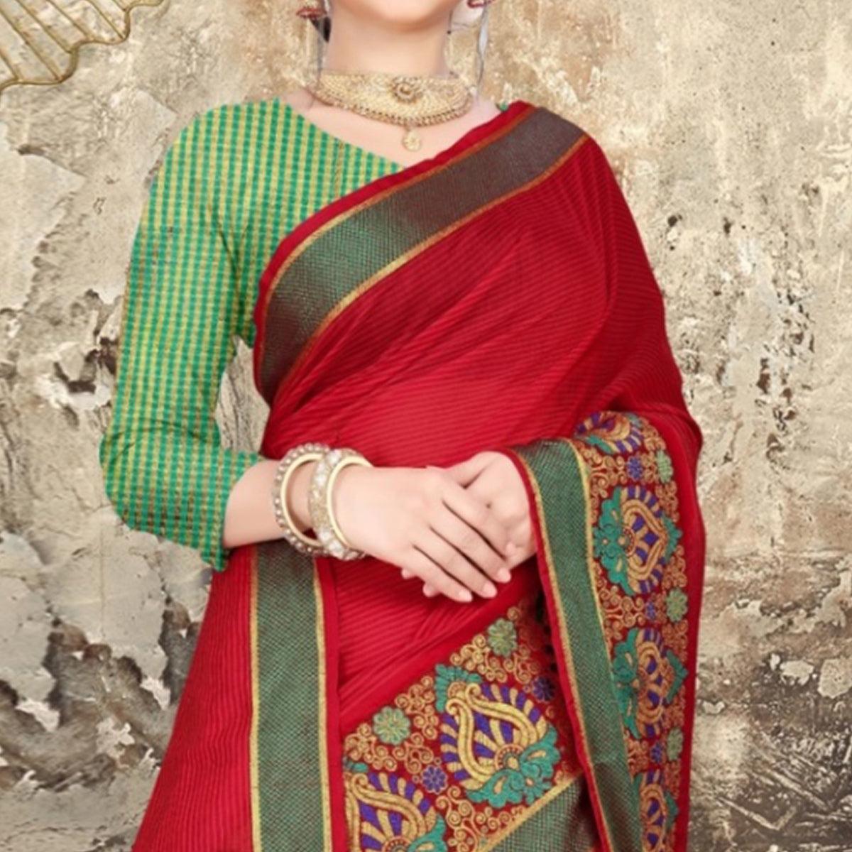 Red Woven Pure Cotton Saree - Peachmode