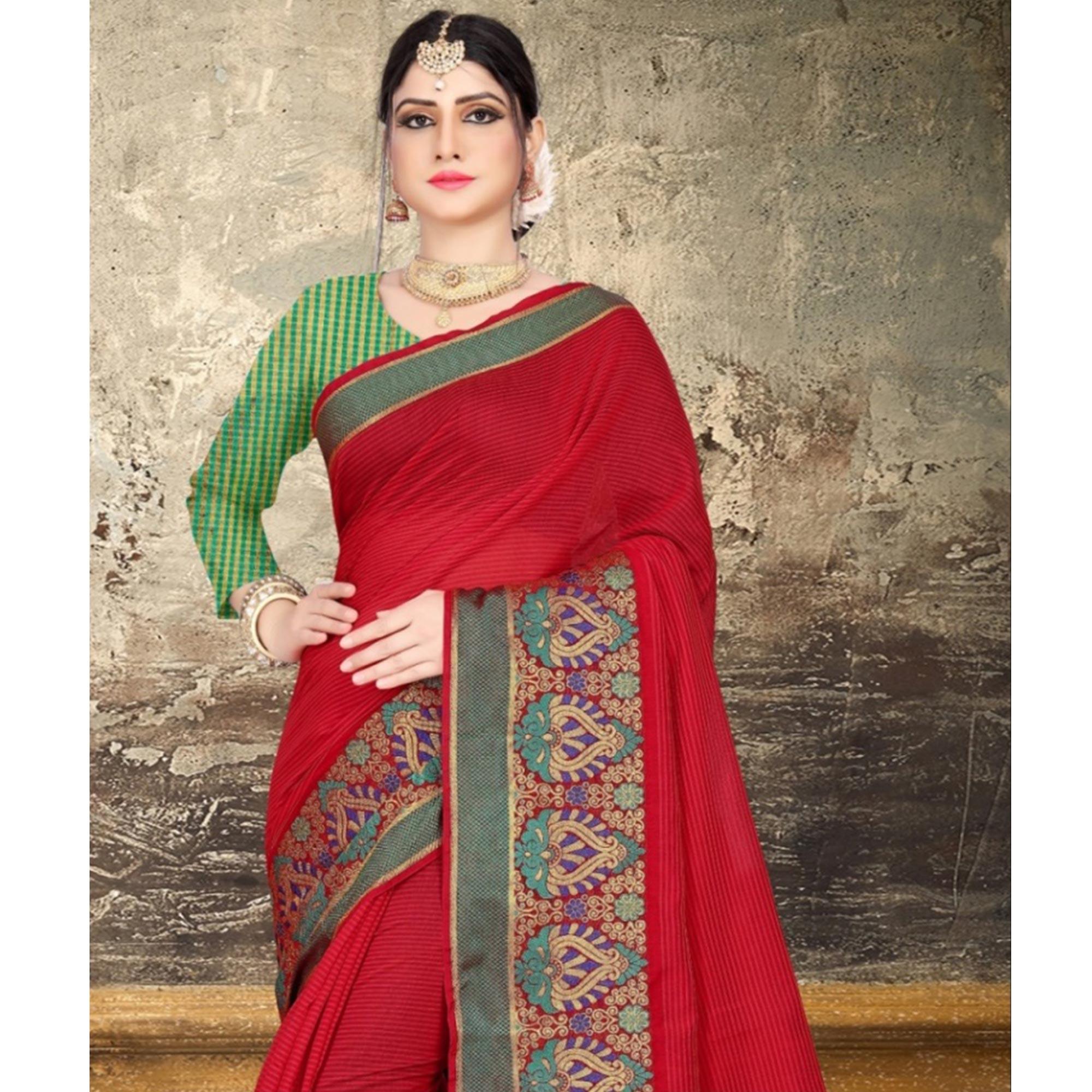 Red Woven Pure Cotton Saree - Peachmode