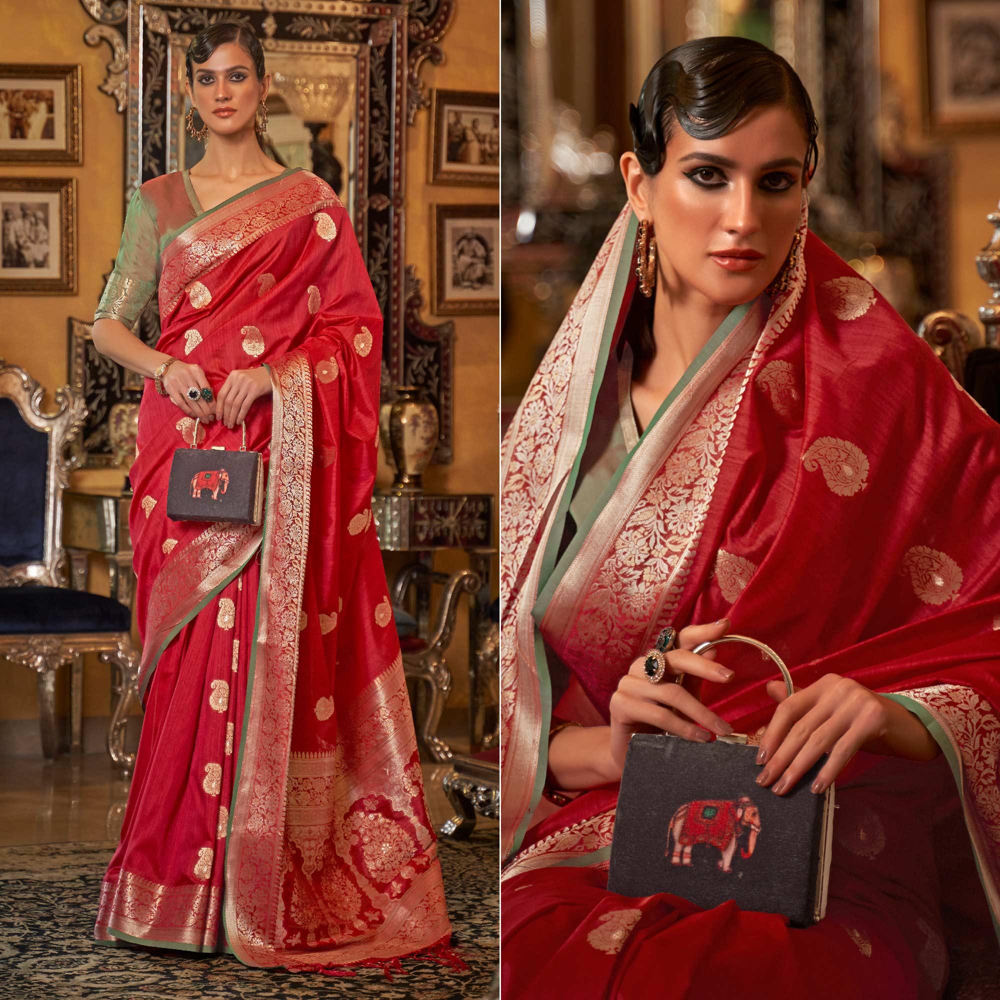Red Woven Pure Silk Saree - Peachmode