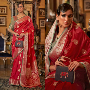 Red Woven Pure Silk Saree - Peachmode