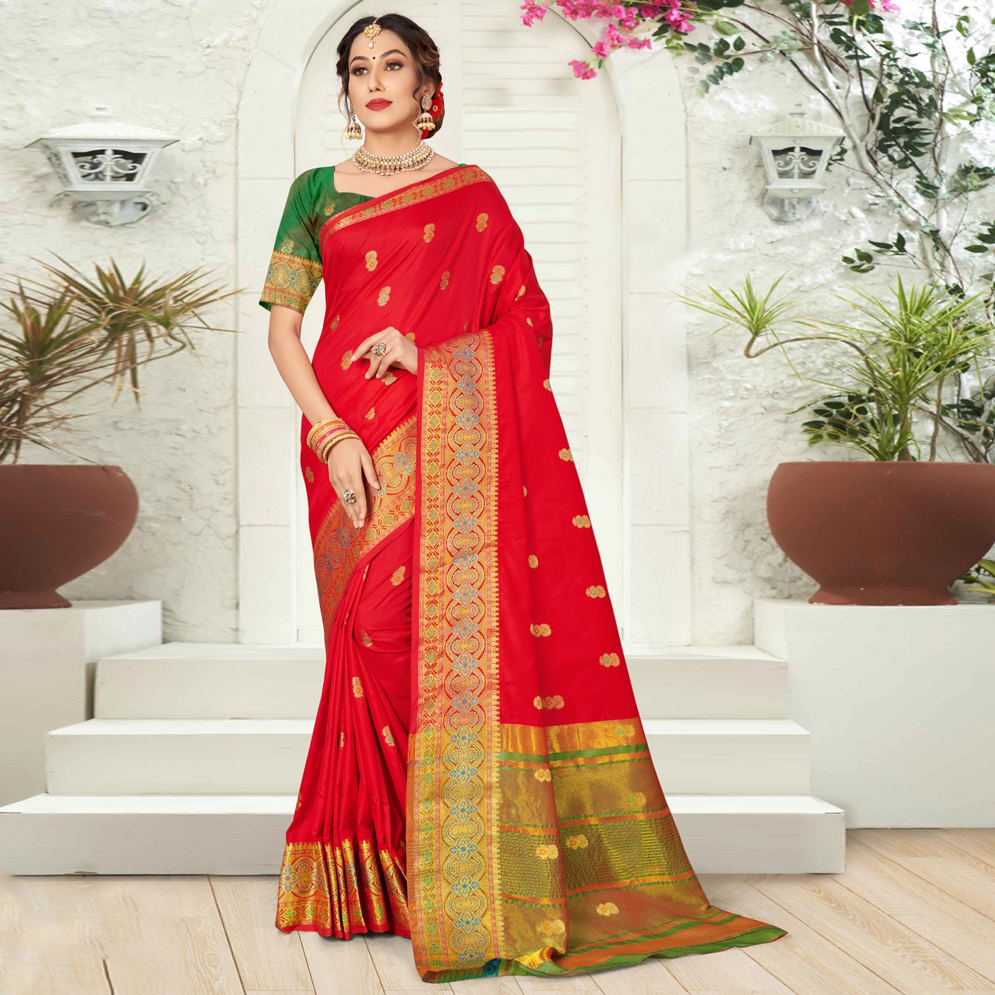 Red Woven Pure Silk Saree - Peachmode