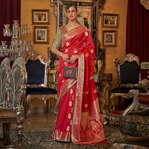 Red Woven Pure Silk Saree - Peachmode