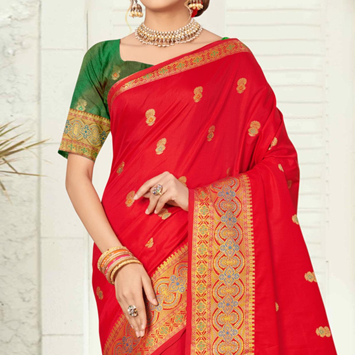 Red Woven Pure Silk Saree - Peachmode