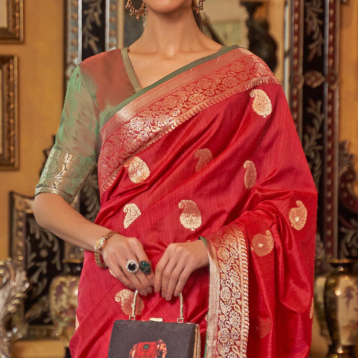 Red Woven Pure Silk Saree - Peachmode