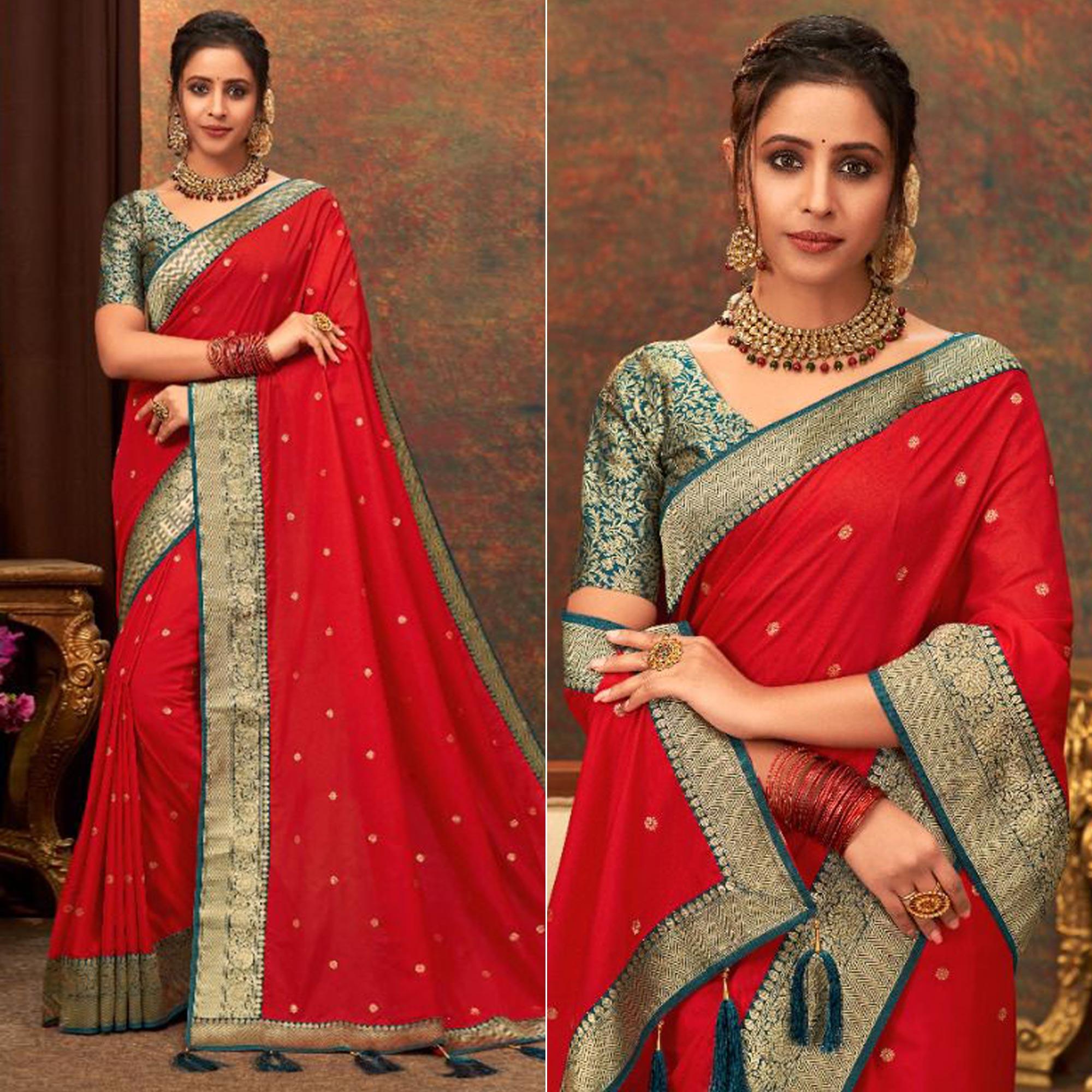 Red Woven Pure Silk Saree With Tassels - Peachmode