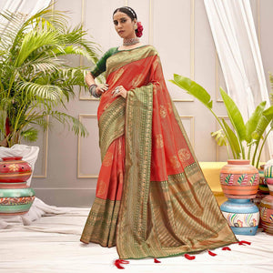 Red Woven Pure Silk Saree With Tassels - Peachmode