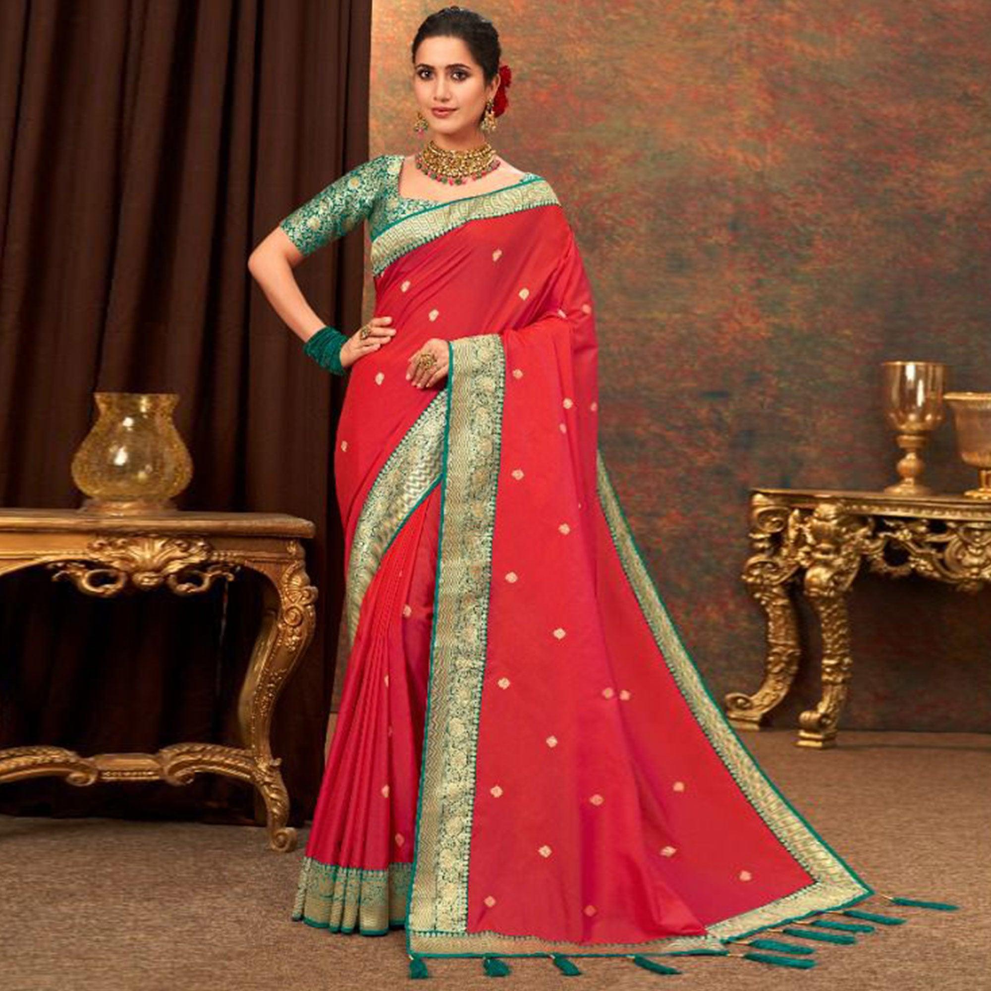 Red Woven Pure Silk Saree With Tassels - Peachmode