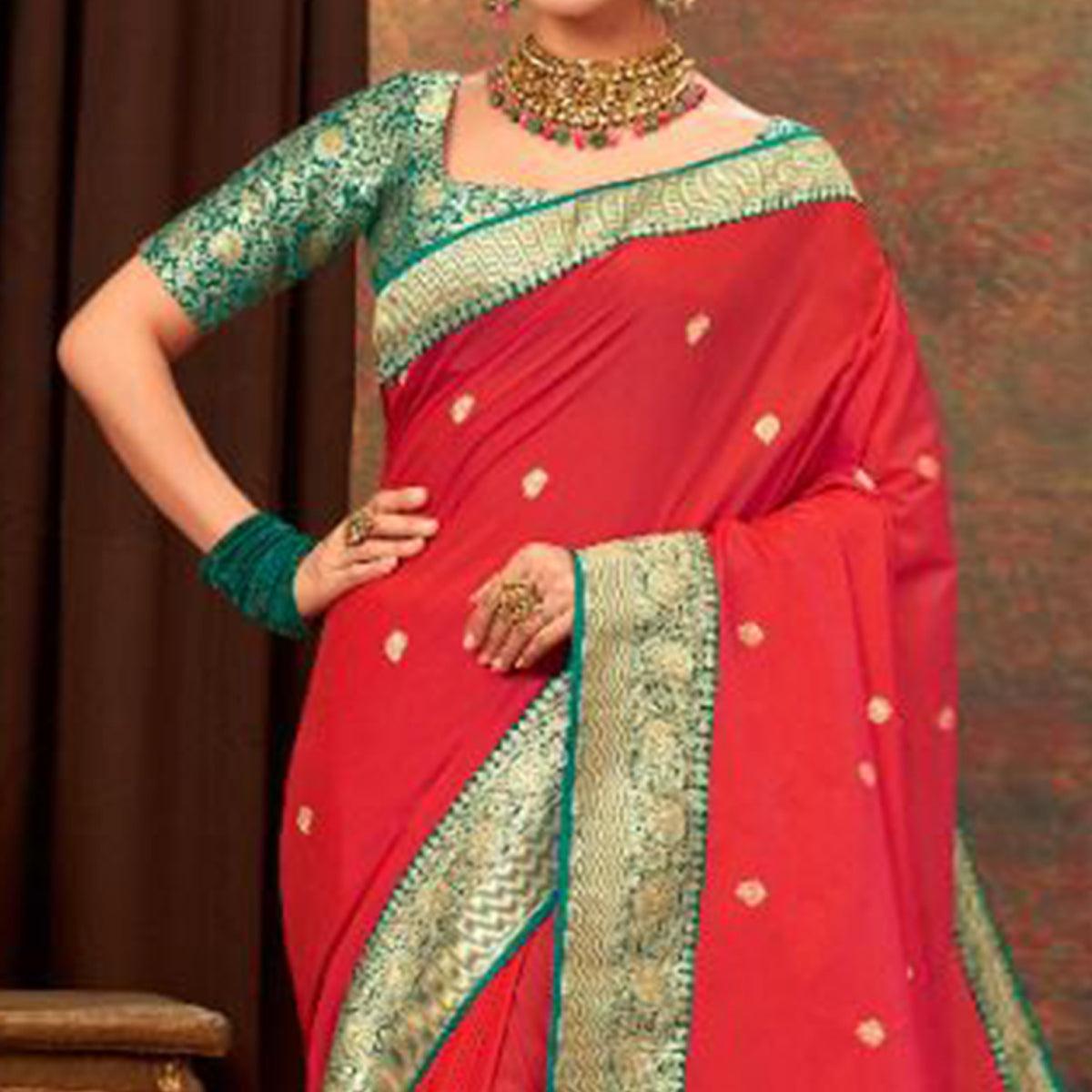 Red Woven Pure Silk Saree With Tassels - Peachmode