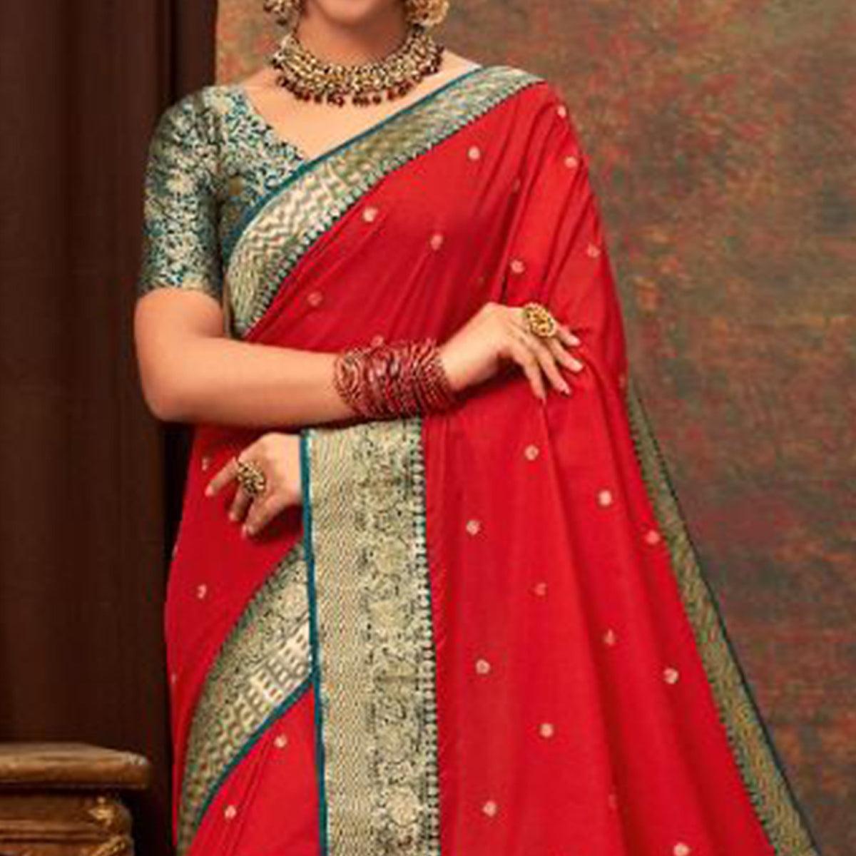 Red Woven Pure Silk Saree With Tassels - Peachmode